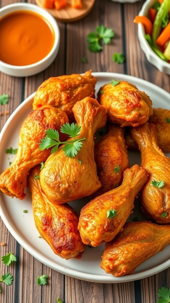 Crispy Air Fryer Chicken Drumsticks Recipe Crispy air fryer chicken drumsticks on a plate, garnished with parsley and served with dipping sauce.